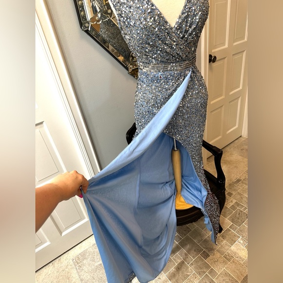 NWT Mac Duggal Gorgeous Blue Goddess Sexy Seqin To The Floor High Slit Gown - Picture 12 of 16